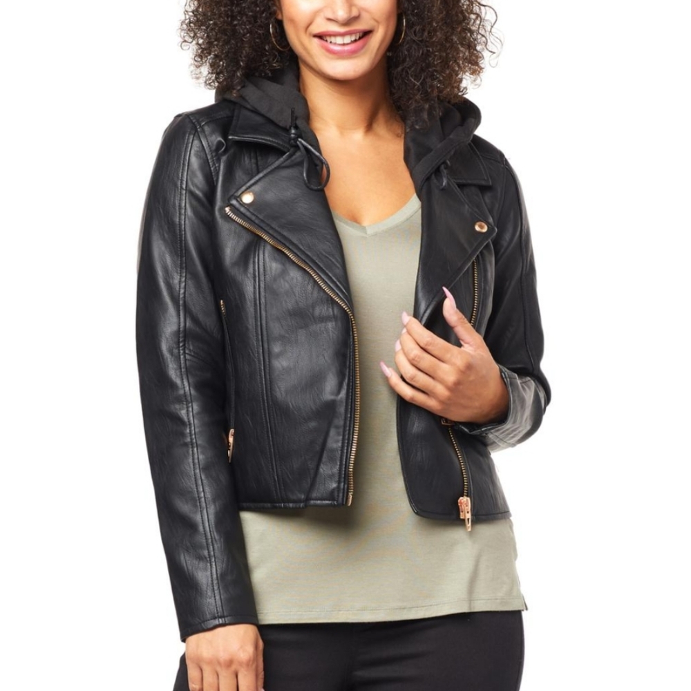 Blank NYC jacket moto black faux leather hood silver zipper sz 2X, NWT - Picture 9 of 9